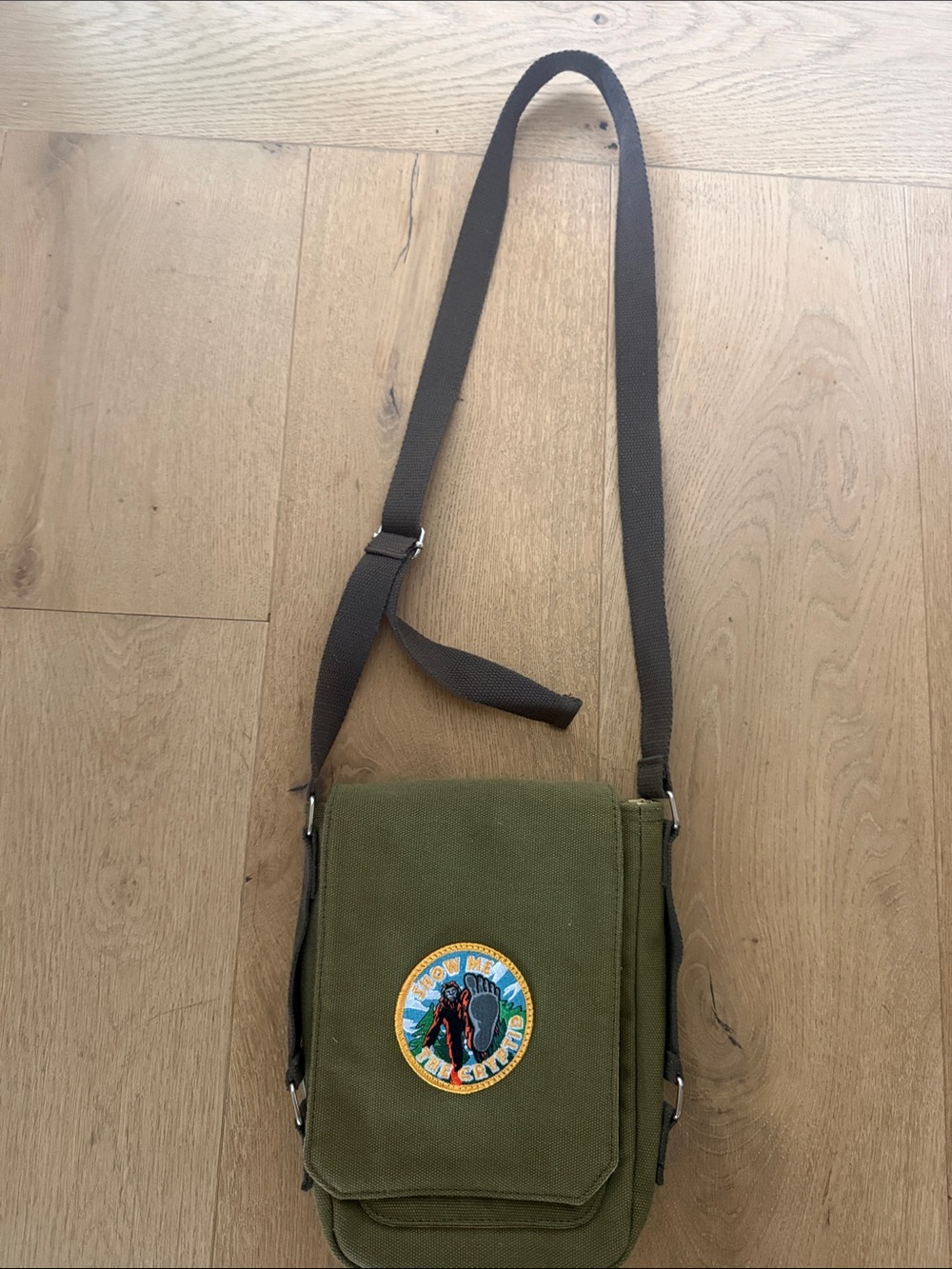 Olive Green Canvas Crossbody Bag with Patch